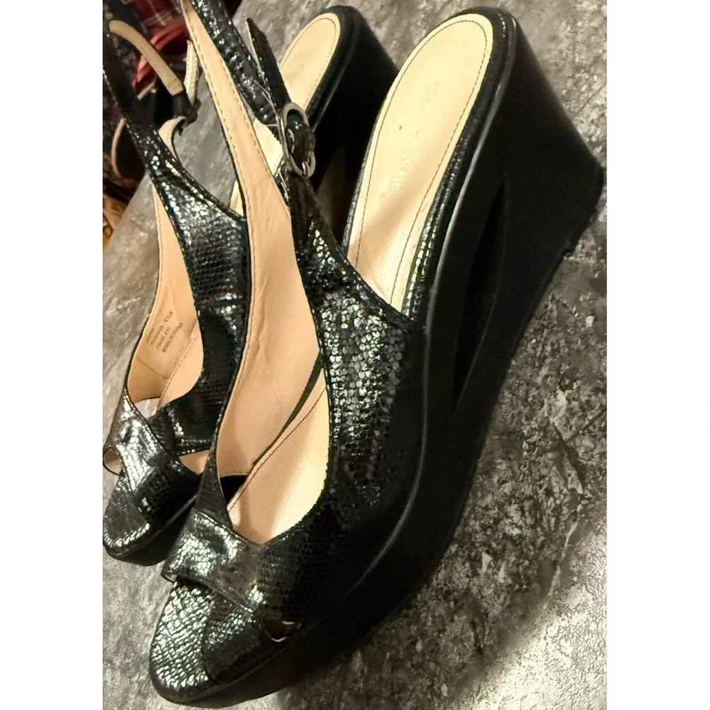 CALVIN KLEIN Rosaria Snake Print SlingBack‎ Cutout  Wedge Heel Sandal Black 8.5M